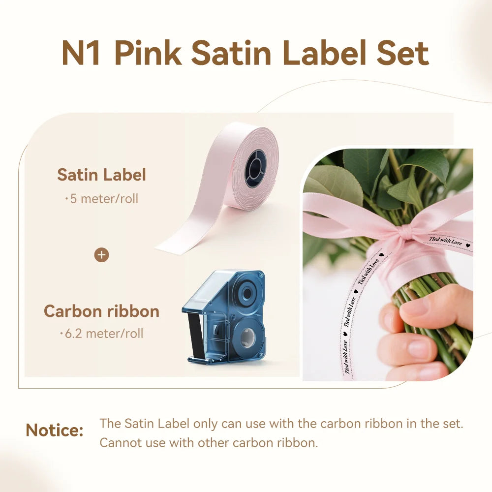 Coffret ruban satin rose de 5 m et cassette de ruban carbone, avec un bouquet noué d'un ruban personnalisé