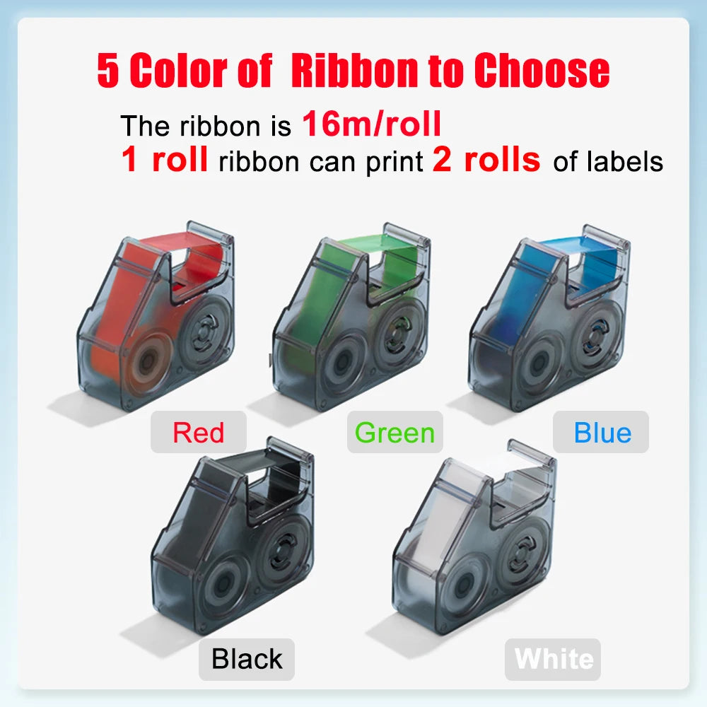 Cinq cassettes de ruban carbone rouge, vert, bleu, noir et blanc, de 16 m chacune, présentées côte à côte