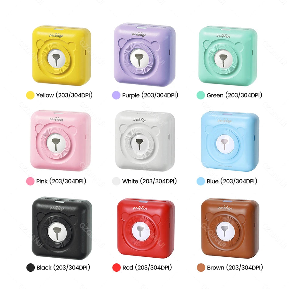 Nuancier des neuf coloris : jaune, violet, vert, rose, blanc, bleu, noir, rouge et marron
