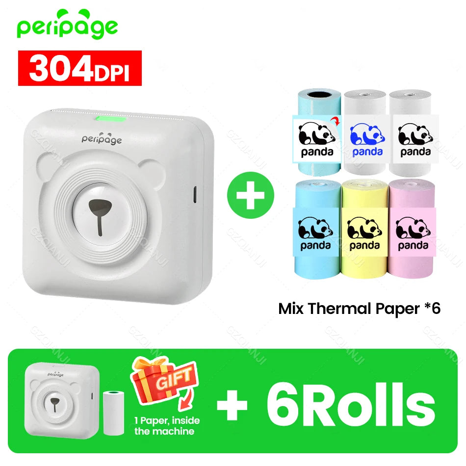 Mini imprimante ourson blanche et six recharges de papier thermique bleu, jaune, rose et blanc