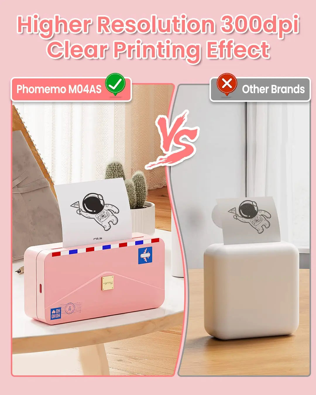 Comparatif d'impression 300 dpi : le rendu du modèle M04AS face à celui d'une autre marque, moins net