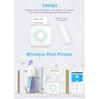 Mini imprimante blanche et son rouleau de papier, avec la mention 200 dpi et une connexion Bluetooth