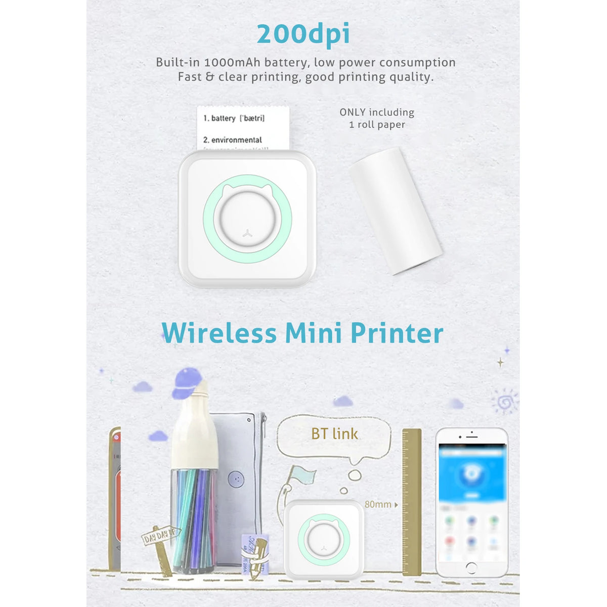 Mini imprimante blanche et son rouleau de papier, avec la mention 200 dpi et une connexion Bluetooth
