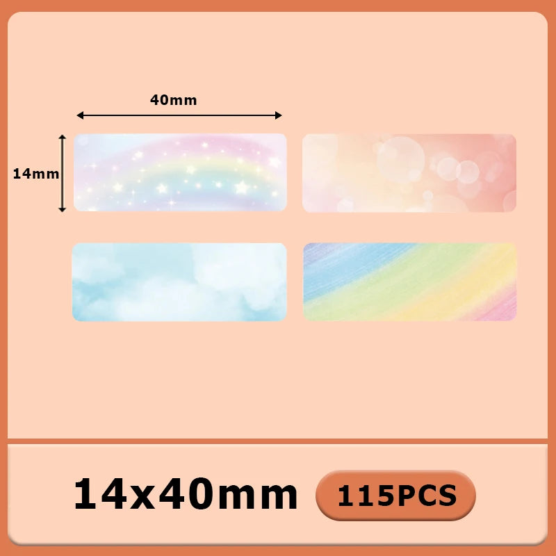 Quatre étiquettes aquarelle : arc-en-ciel étoilé, bulles pêche, ciel nuageux et bandes colorées, 14x40 mm, lot de 115