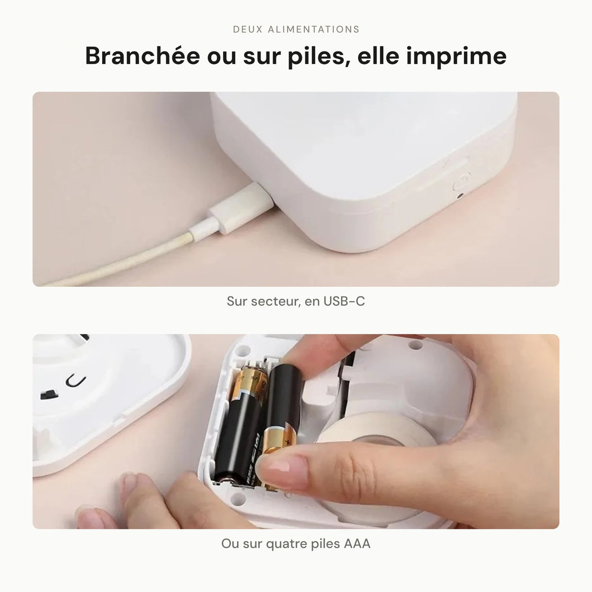 Deux alimentations : câble USB-C branché sur l'imprimante, et compartiment à quatre piles AAA ouvert