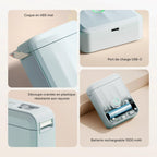 Détails de l'imprimante à étiquettes enfant : coque en ABS mat, port de charge USB-C, découpe crantée et batterie rechargeable 1500 mAh