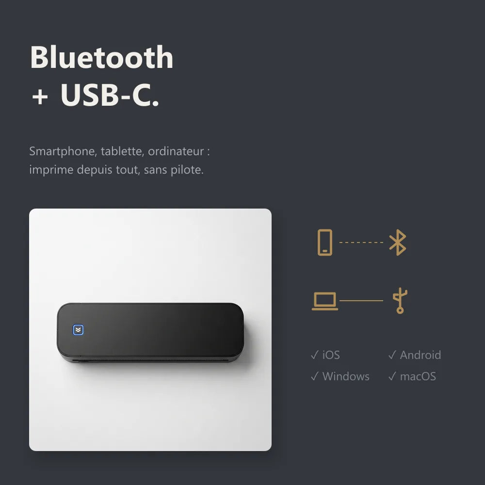 Connexions Bluetooth et USB-C de l'imprimante thermique A4 documentation