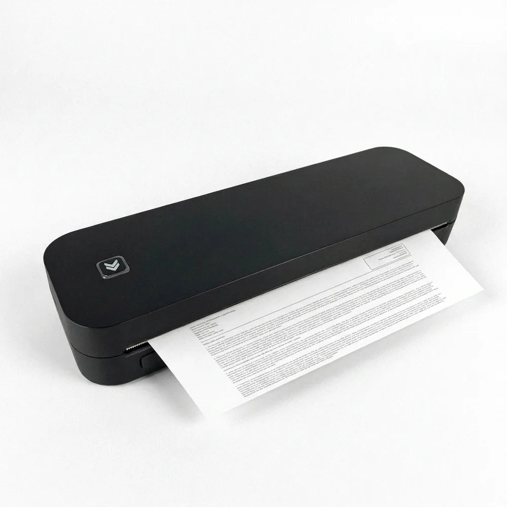 Imprimante thermique A4 noire pour documentation imprimant une page centrée