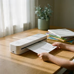 Enfant récupérant ses devoirs imprimés avec l'imprimante thermique A4 dans la cuisine