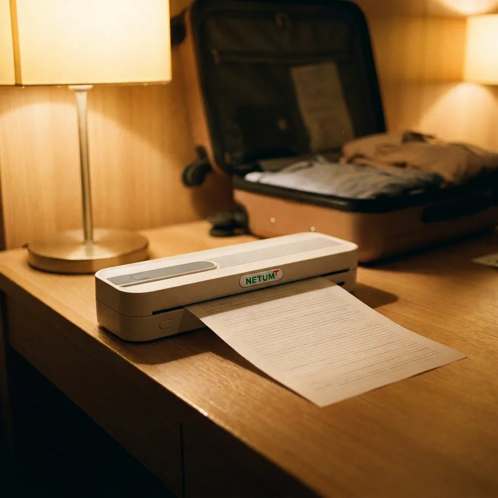 Imprimante thermique A4 imprimant un contrat dans une chambre d'hôtel