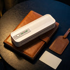 Imprimante thermique A4 compacte posée sur un agenda en cuir de voyage
