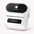 Imprimante d'étiquettes blanche compacte vue de trois quarts, capot noir brillant et petit écran