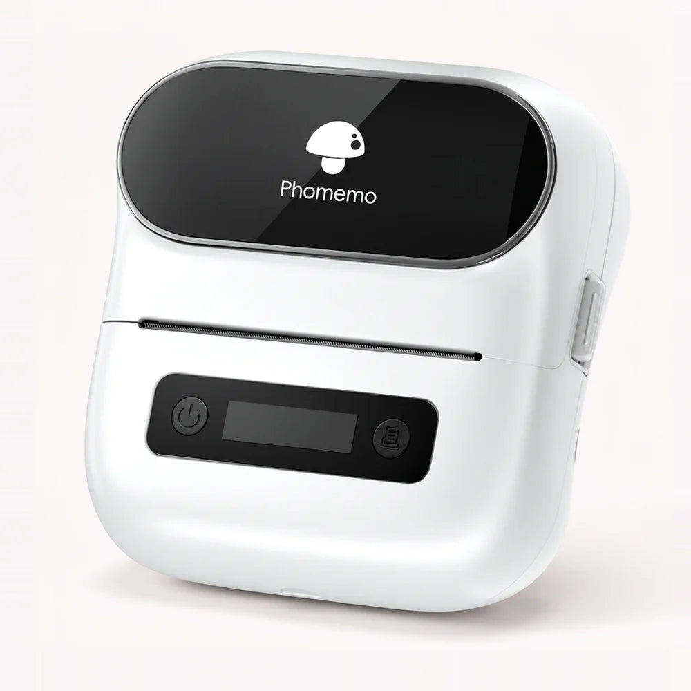Imprimante d'étiquettes blanche compacte vue de trois quarts, capot noir brillant et petit écran