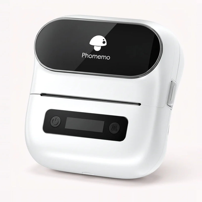 Imprimante d'étiquettes blanche compacte vue de trois quarts, capot noir brillant et petit écran