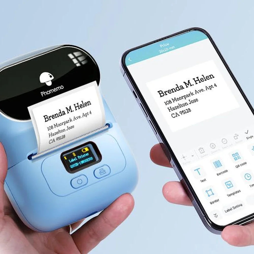 Imprimante thermique portable bleue avec étiquette imprimée et application mobile Bluetooth