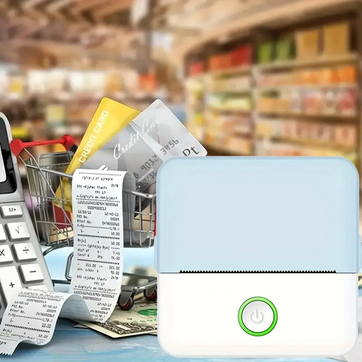 Imprimante bleue en rayon de supermarché, entourée de tickets de caisse imprimés, de cartes et d'une calculatrice