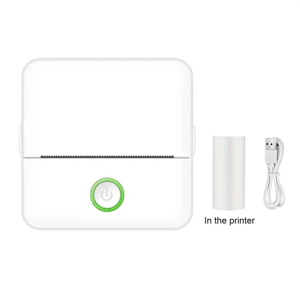 Imprimante thermique blanche vue de face avec le rouleau de papier fourni et son câble USB de recharge