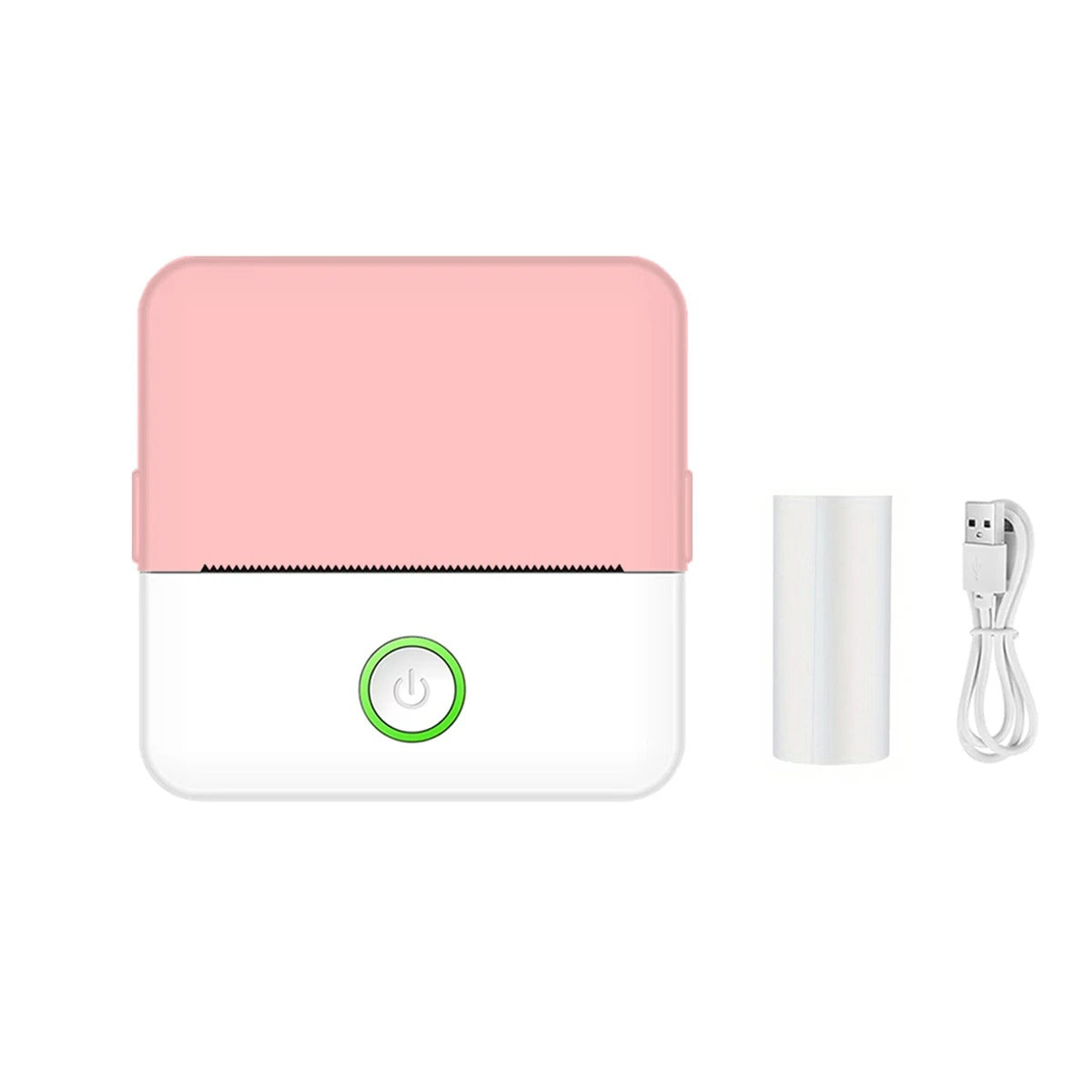 Imprimante thermique à capot rose et base blanche, présentée avec un rouleau de papier et un câble USB